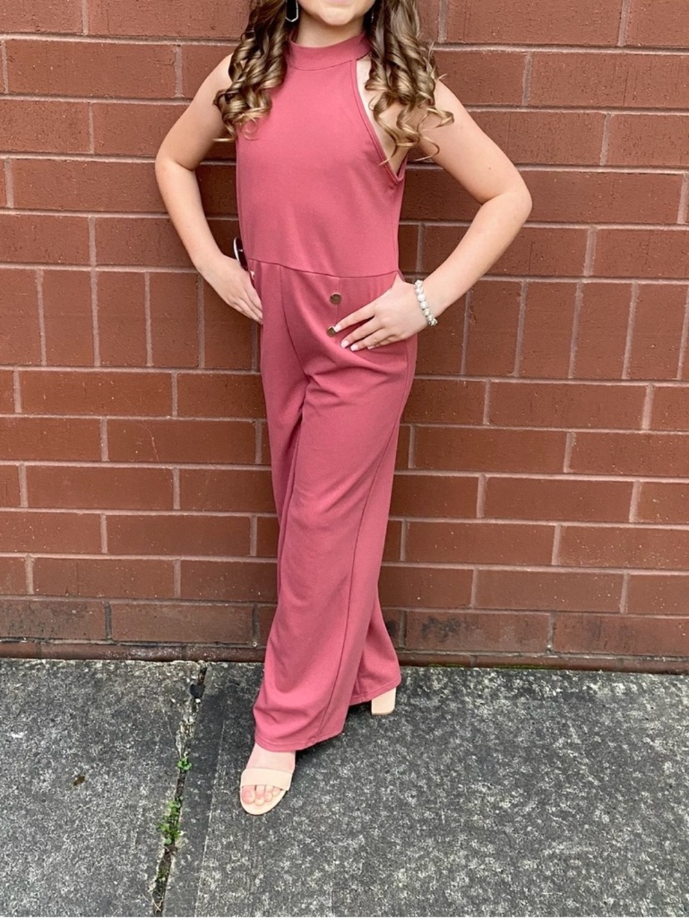 SHEIN Girls Mauve Sleeveless High-Neck Wide-Leg Jumpsuit
